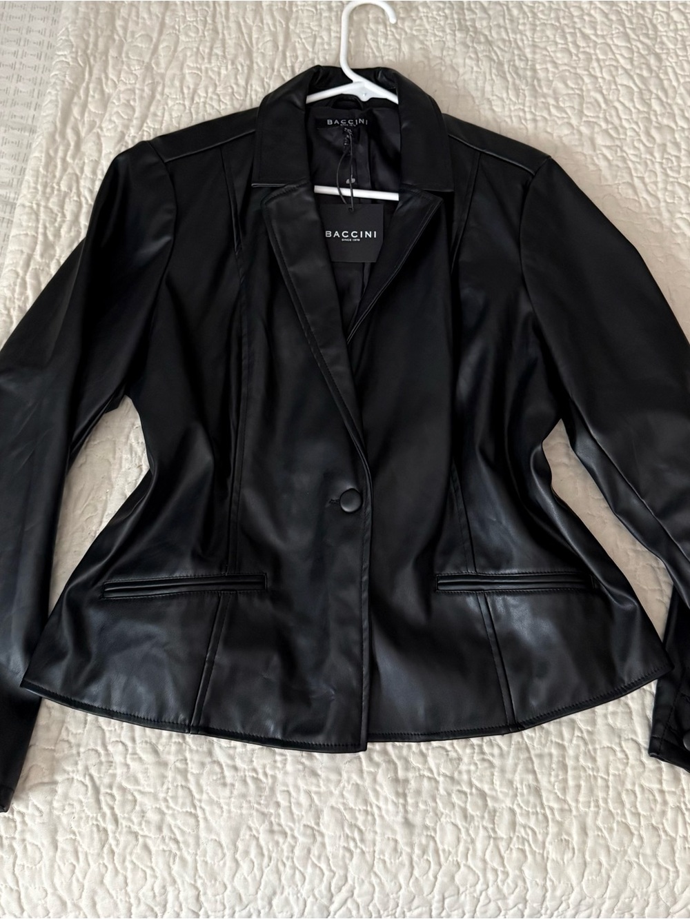 Baccini Black Faux Leather looking polyester Tailored Blazer Jacket